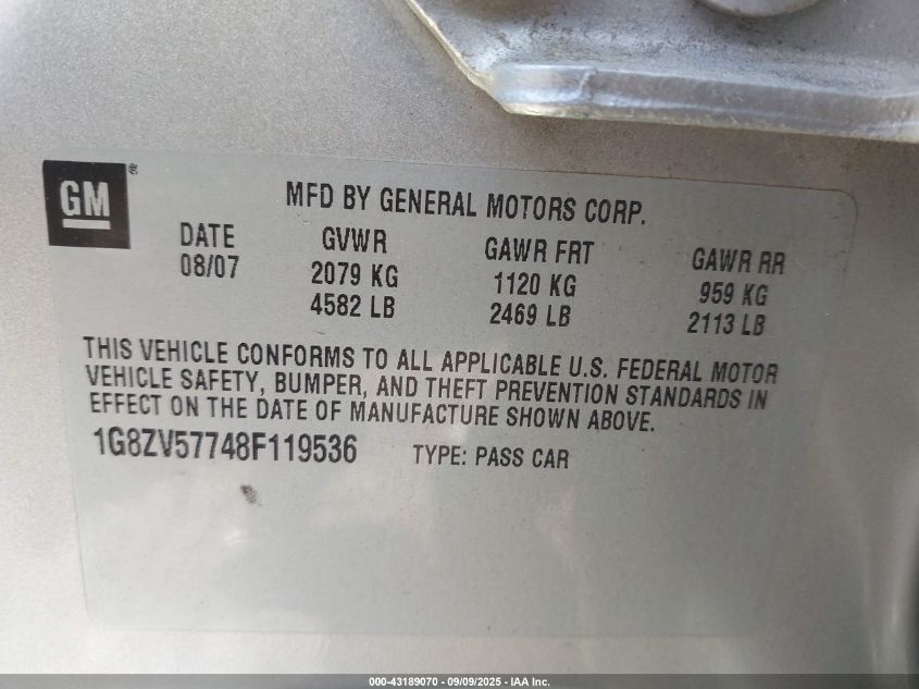 2008 Saturn Aura Xr VIN: 1G8ZV57748F119536 Lot: 43189070