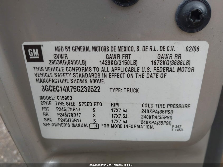 2006 Chevrolet Silverado 1500 Work Truck VIN: 3GCEC14X76G230522 Lot: 43189095