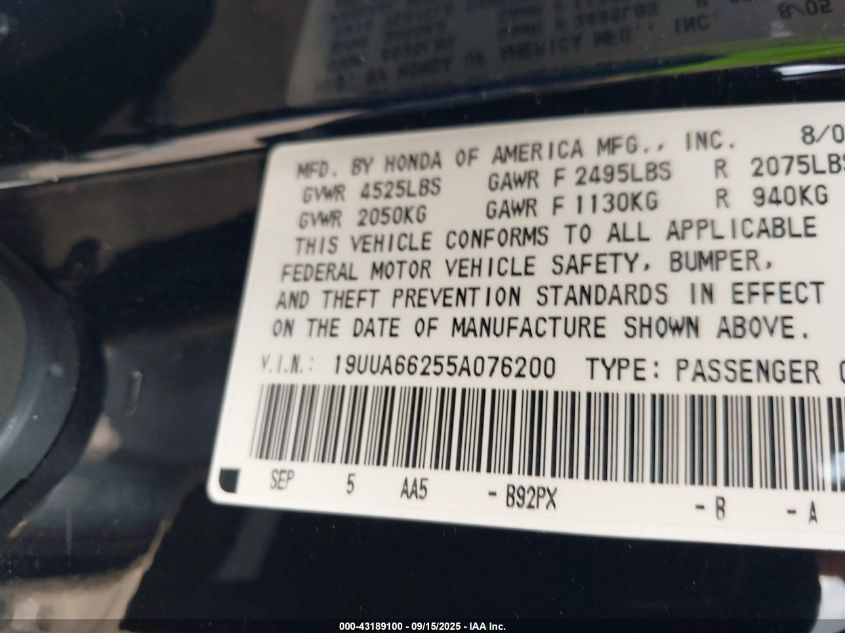 2005 Acura Tl VIN: 19UUA66255A076200 Lot: 43189100