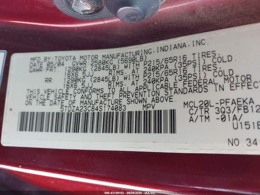 2004 Toyota Sienna Le VIN: 5TDZA23C84S174083 Lot: 43189103