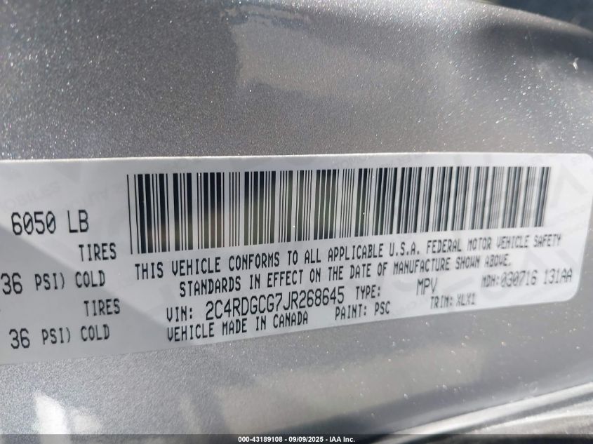 2018 Dodge Grand Caravan Sxt VIN: 2C4RDGCG7JR268645 Lot: 43189108