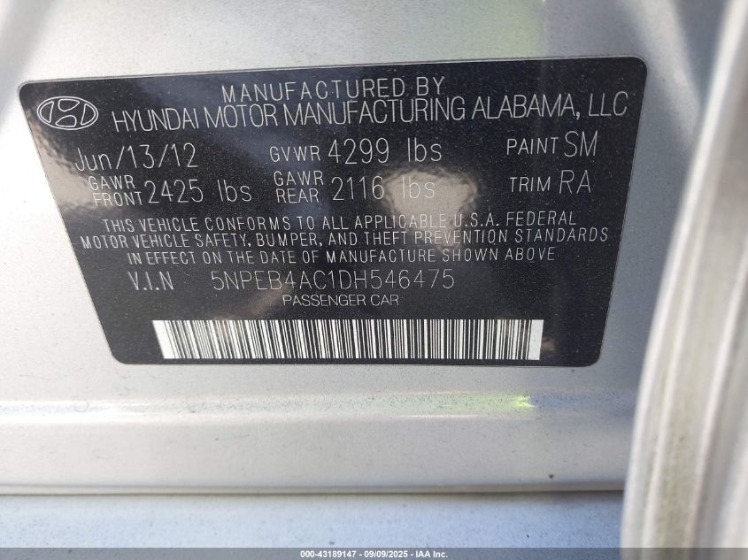 2013 Hyundai Sonata Gls VIN: 5NPEB4AC1DH546475 Lot: 43189147