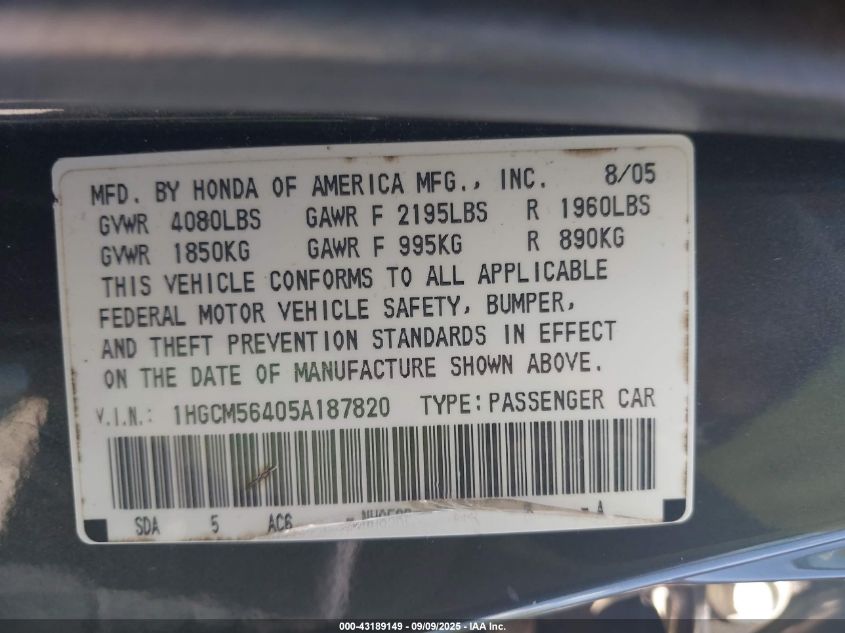 2005 Honda Accord 2.4 Lx VIN: 1HGCM56405A187820 Lot: 43189149