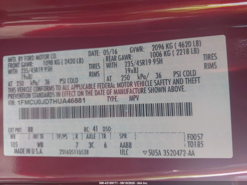 2017 Ford Escape Titanium VIN: 1FMCU0JD7HUA46881 Lot: 43189171