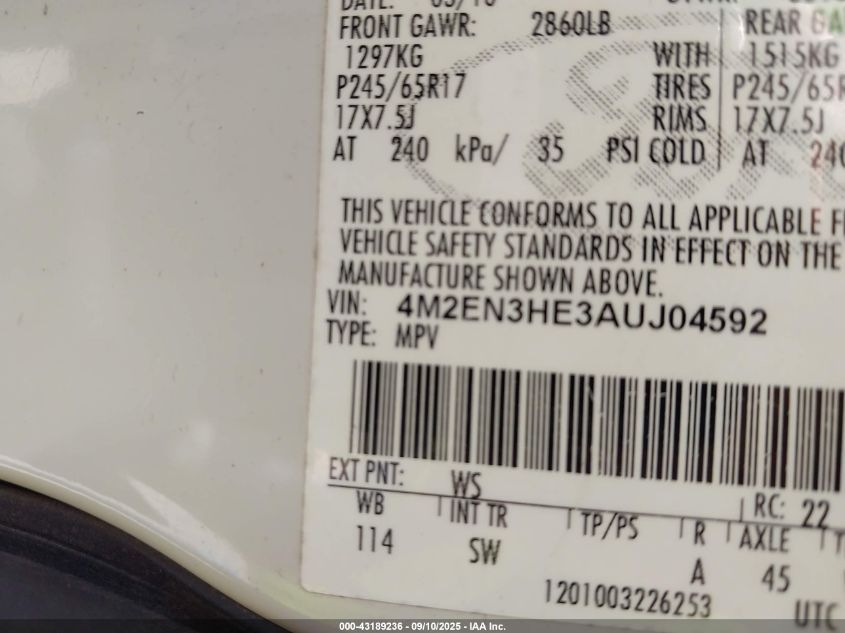 2010 Mercury Mountaineer VIN: 4M2EN3HE3AUJ04592 Lot: 43189236