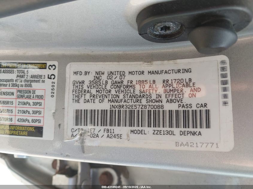 2007 Toyota Corolla Ce/Le/S VIN: 1NXBR32E57Z870088 Lot: 43189245