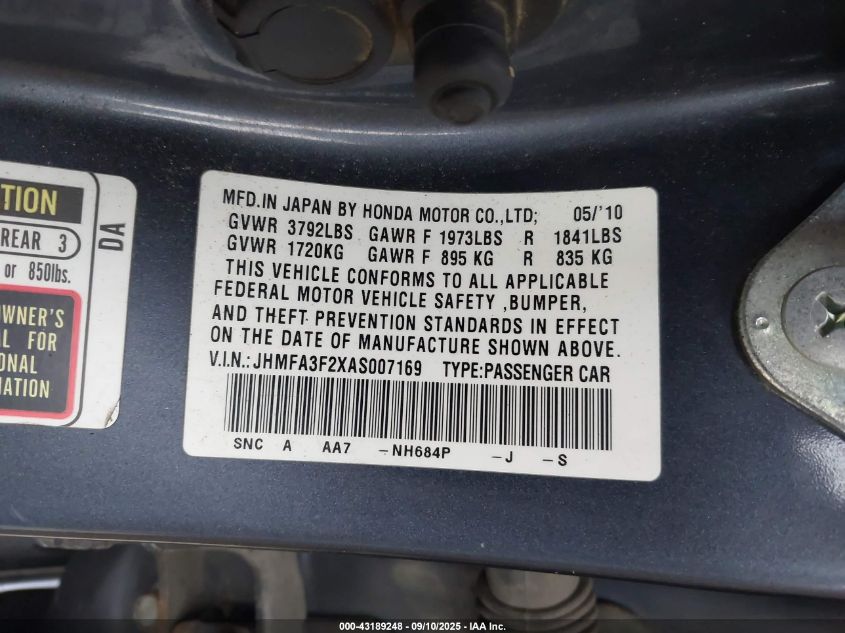 2010 Honda Civic Hybrid VIN: JHMFA3F2XAS007169 Lot: 43189248