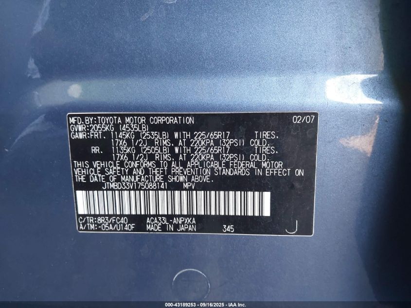 2007 Toyota Rav4 VIN: JTMBD33V175088141 Lot: 43189253