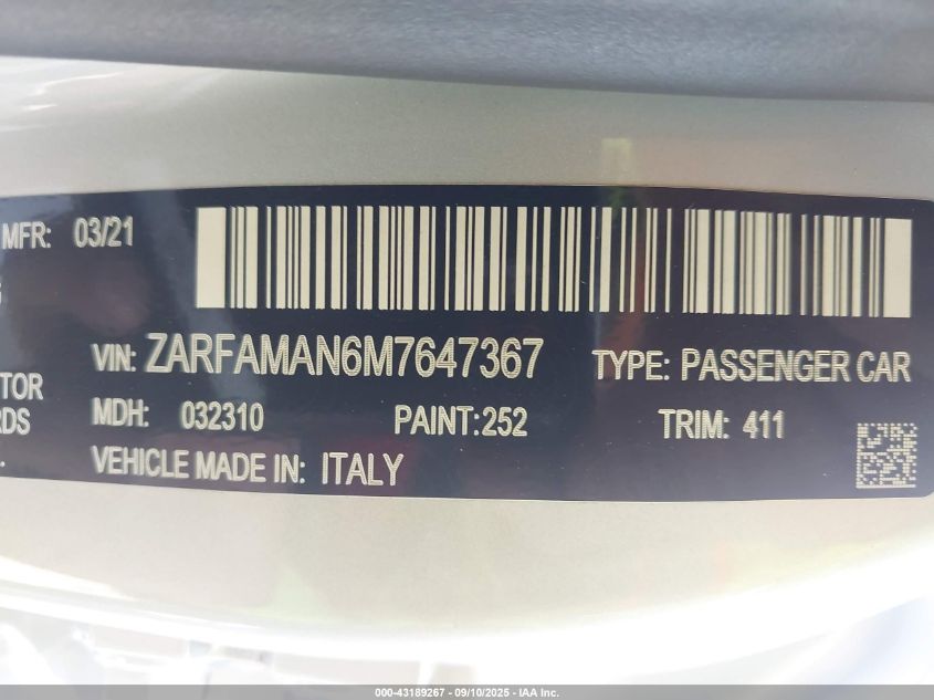 2021 Alfa Romeo Giulia Rwd VIN: ZARFAMAN6M7647367 Lot: 43189267