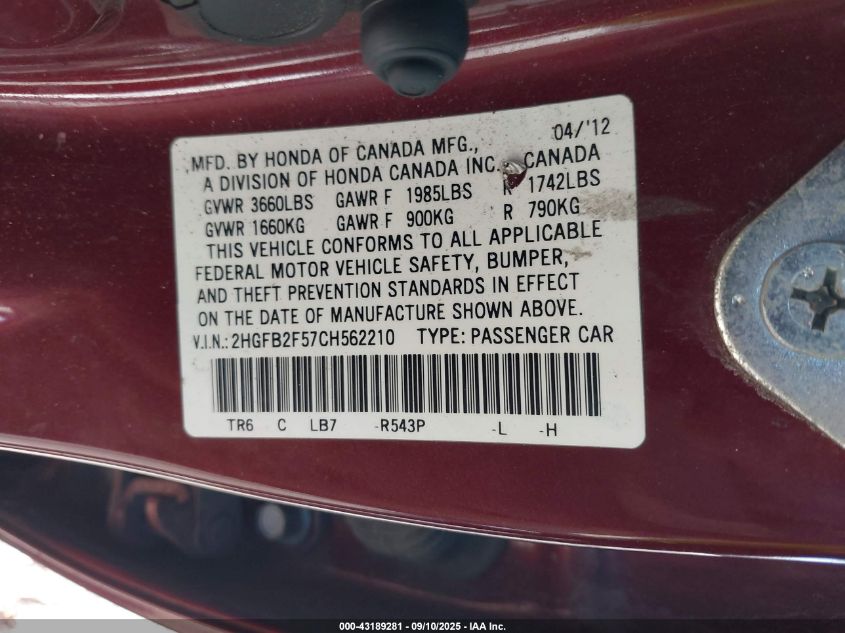 2012 Honda Civic Lx VIN: 2HGFB2F57CH562210 Lot: 43189281