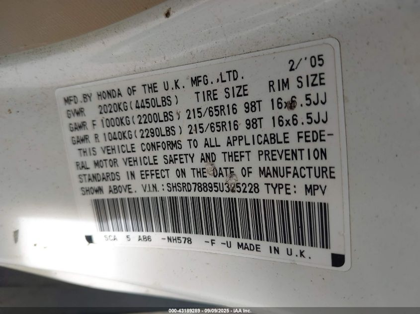 2005 Honda Cr-V Ex VIN: SHSRD78895U325228 Lot: 43189289