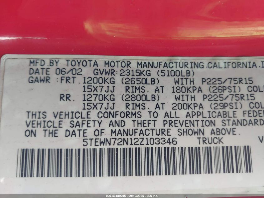 2002 Toyota Tacoma Base V6 VIN: 5TEWN72N12Z103346 Lot: 43189295