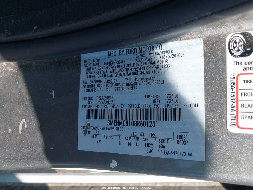 2008 Mercury Milan V6 Premier VIN: 3MEHM08108R601231 Lot: 43189336