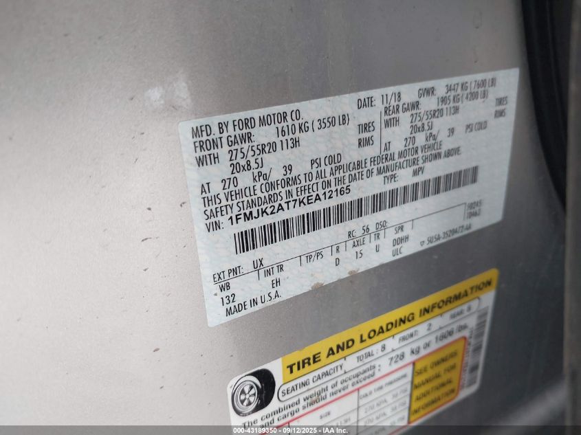 2019 Ford Expedition Max Limited VIN: 1FMJK2AT7KEA12165 Lot: 43189350