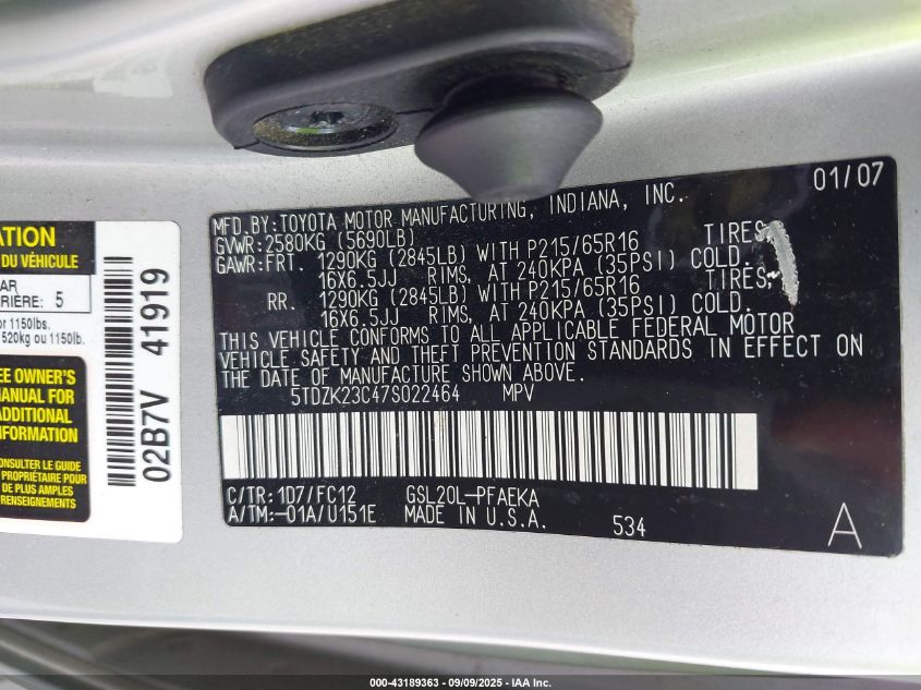 2007 Toyota Sienna Le VIN: 5TDZK23C47S022464 Lot: 43189363