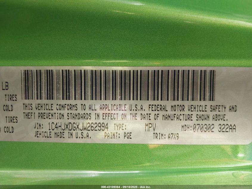 2018 Jeep Wrangler Unlimited Sport 4X4 VIN: 1C4HJXDGXJW262994 Lot: 43189384