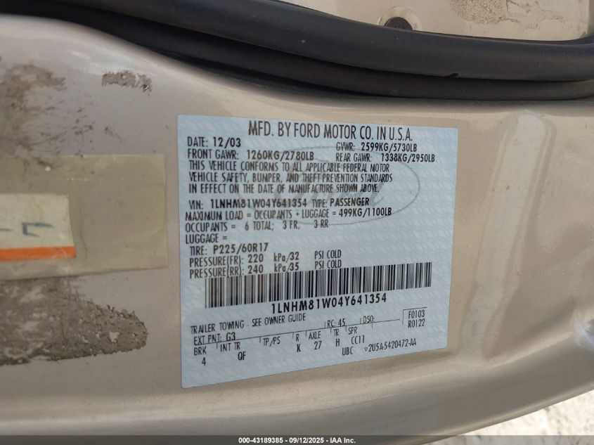 2004 Lincoln Town Car Signature VIN: 1LNHM81W04Y641354 Lot: 43189385