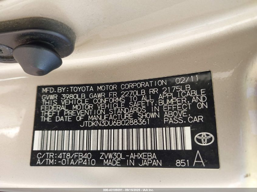 2011 Toyota Prius Two VIN: JTDKN3DU6B0288361 Lot: 43189391