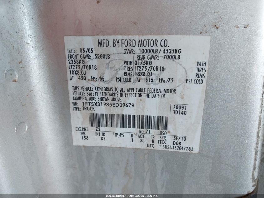 2005 Ford F-350 Lariat/Xl/Xlt VIN: 1FTSX31P85ED39679 Lot: 43189397