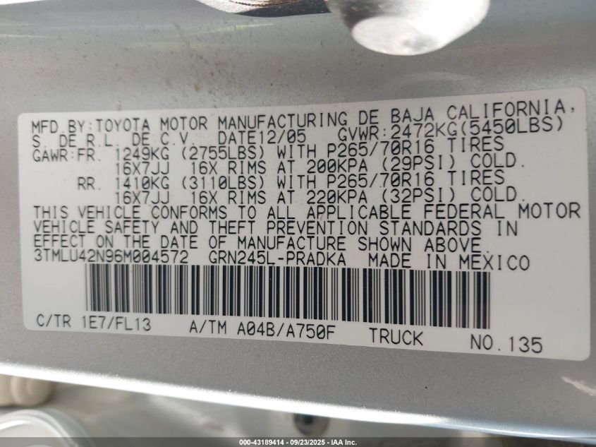 2006 Toyota Tacoma Base V6 VIN: 3TMLU42N96M004572 Lot: 43189414