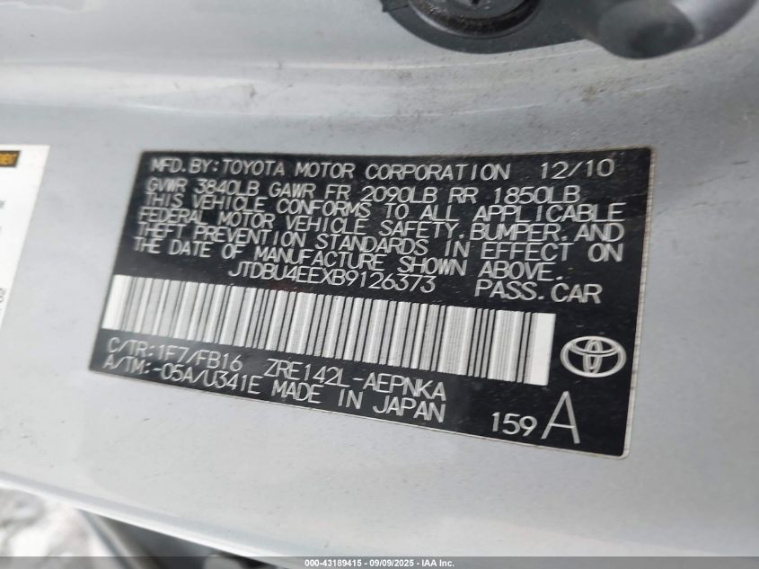 2011 Toyota Corolla Le VIN: JTDBU4EEXB9126373 Lot: 43189415