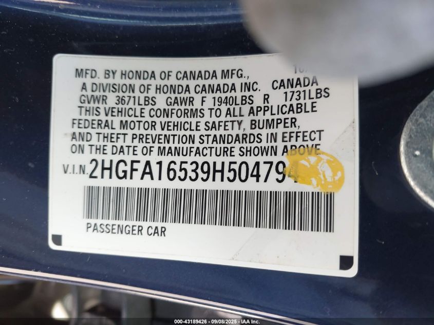 2009 Honda Civic Lx VIN: 2HGFA16539H504794 Lot: 43189426