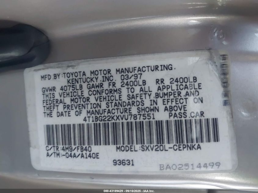 1997 Toyota Camry Le VIN: 4T1BG22KXVU787551 Lot: 43189429