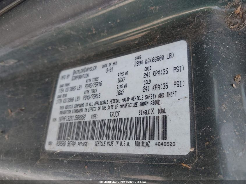 2001 Dodge Ram 1500 St VIN: 1B7HF13Z81J580952 Lot: 43189449