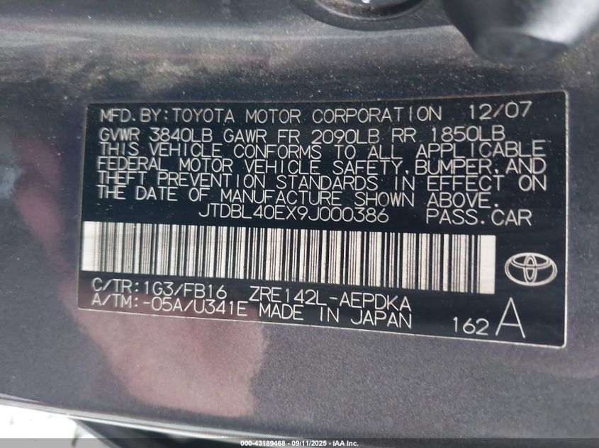 2009 Toyota Corolla Le/Xle VIN: JTDBL40EX9J000386 Lot: 43189468