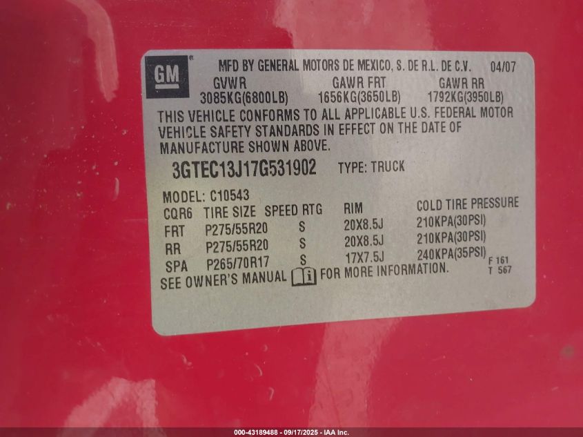 2007 GMC Sierra 1500 Sle1 VIN: 3GTEC13J17G531902 Lot: 43189488