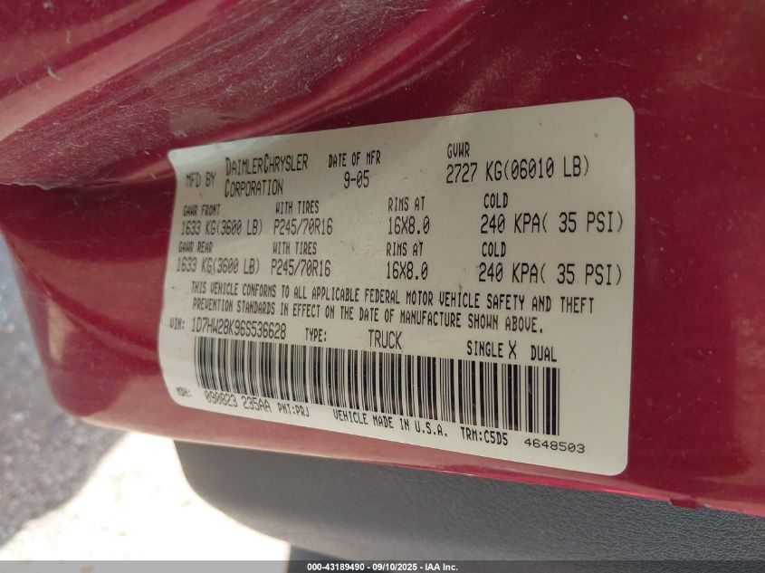 2006 Dodge Dakota St VIN: 1D7HW28K96S536628 Lot: 43189490