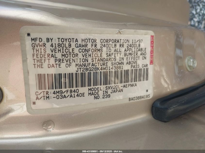 1998 Toyota Camry Le VIN: JT2BG28K4W0143881 Lot: 43189501