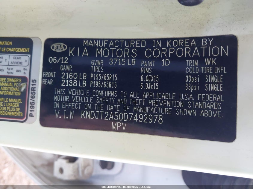 2013 Kia Soul VIN: KNDJT2A50D7492978 Lot: 43189515