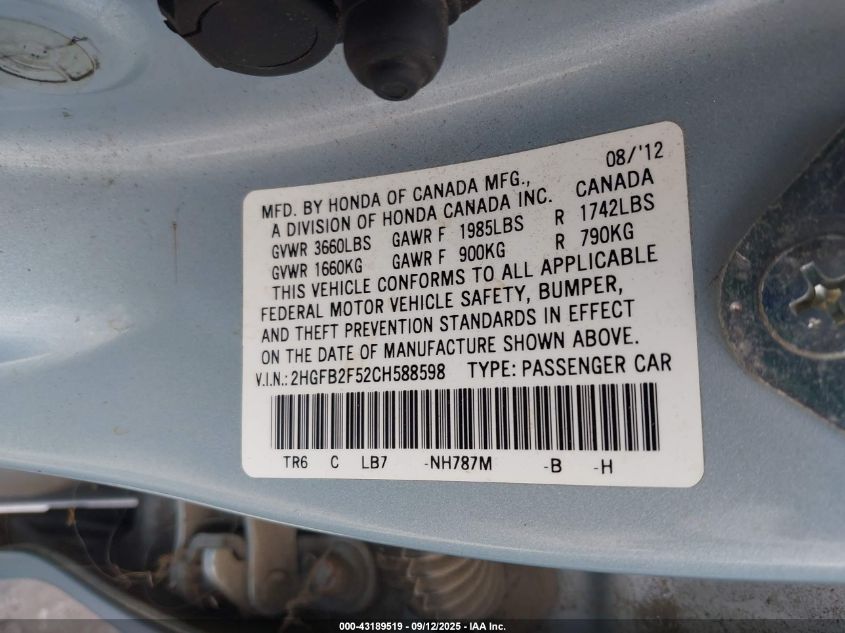 2012 Honda Civic Lx VIN: 2HGFB2F52CH588598 Lot: 43189519