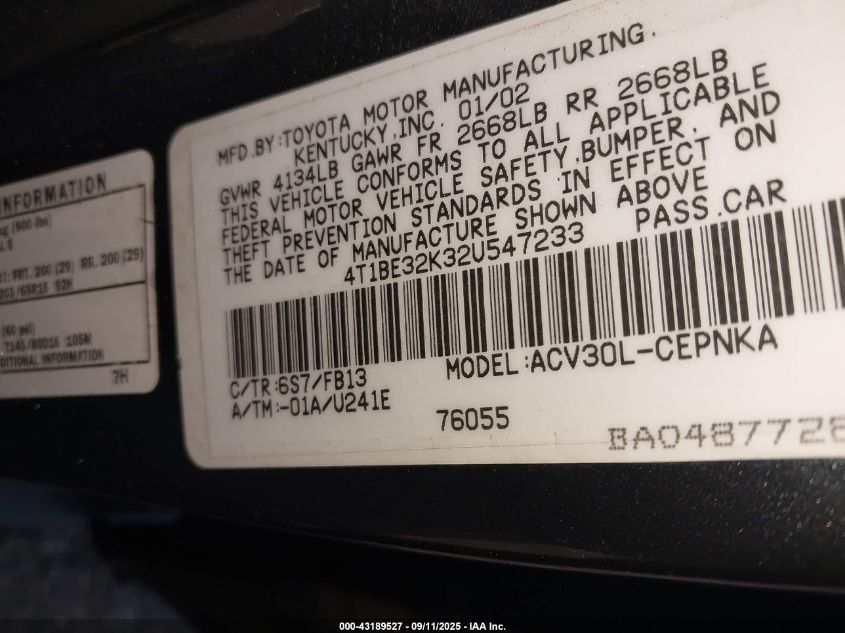 2002 Toyota Camry Le/Xle/Se VIN: 4T1BE32K32U547233 Lot: 43189527