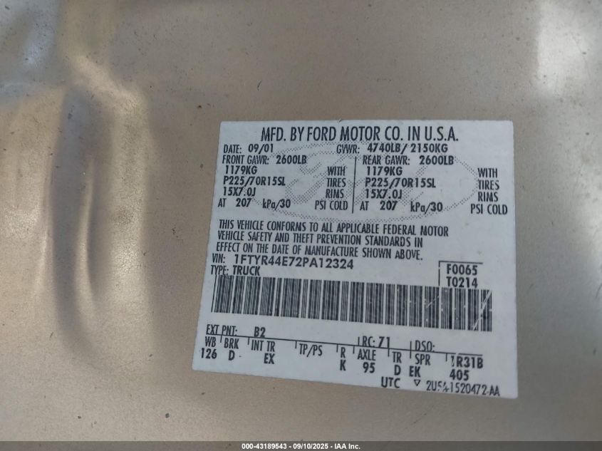 2002 Ford Ranger Xlt VIN: 1FTYR44E72PA12324 Lot: 43189543