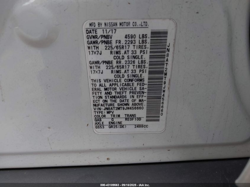 2018 Nissan Rogue Sv VIN: JN8AT2MT9JW456660 Lot: 43189563