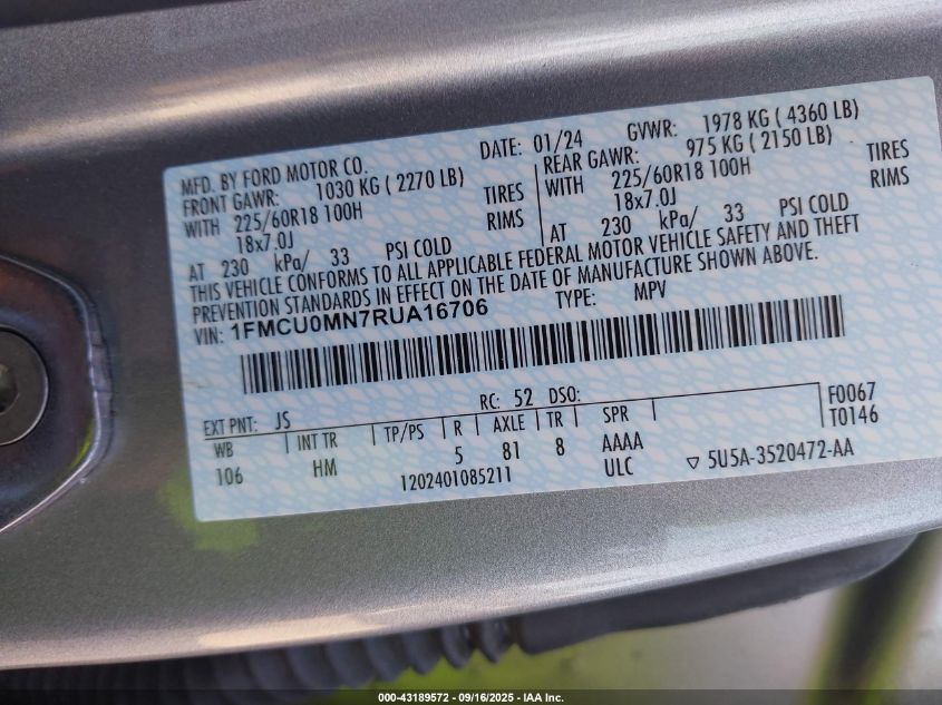 2024 Ford Escape St-Line VIN: 1FMCU0MN7RUA16706 Lot: 43189572