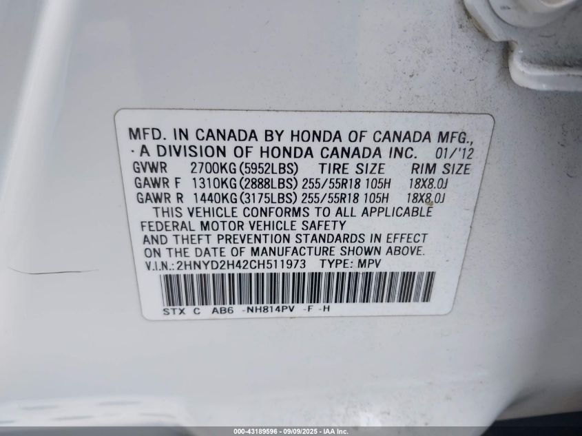 2012 Acura Mdx Technology Package VIN: 2HNYD2H42CH511973 Lot: 43189596