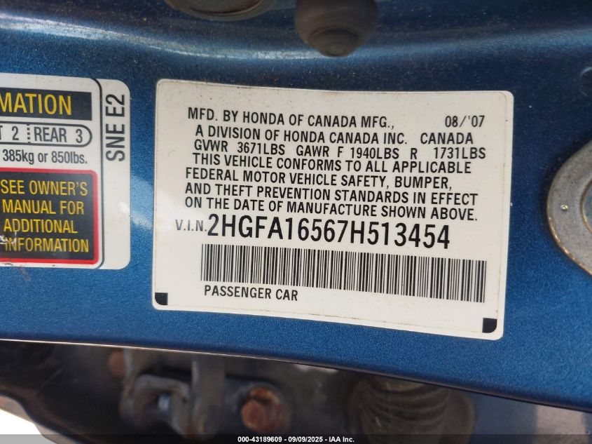 2007 Honda Civic Lx VIN: 2HGFA16567H513454 Lot: 43189609