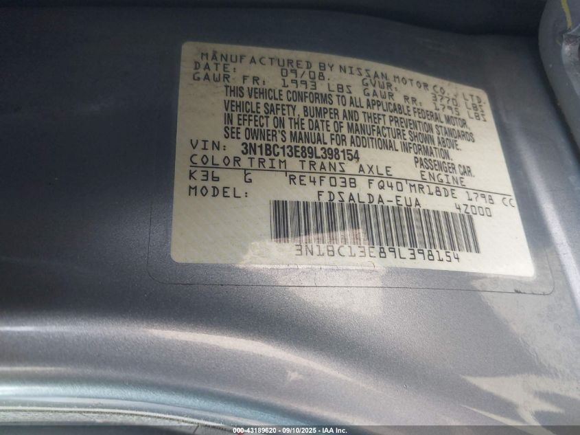 2009 Nissan Versa 1.8S VIN: 3N1BC13E89L398154 Lot: 43189620