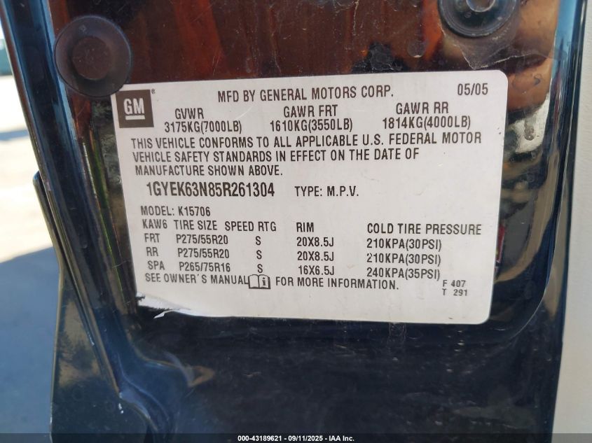 2005 Cadillac Escalade Standard VIN: 1GYEK63N85R261304 Lot: 43189621