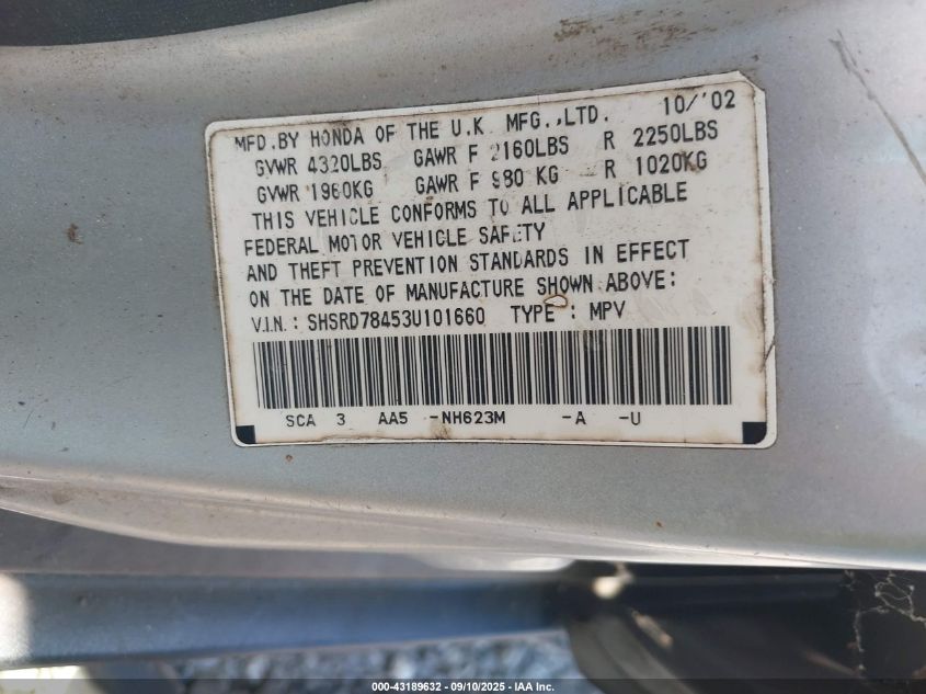 2003 Honda Cr-V Lx VIN: SHSRD78453U101660 Lot: 43189632