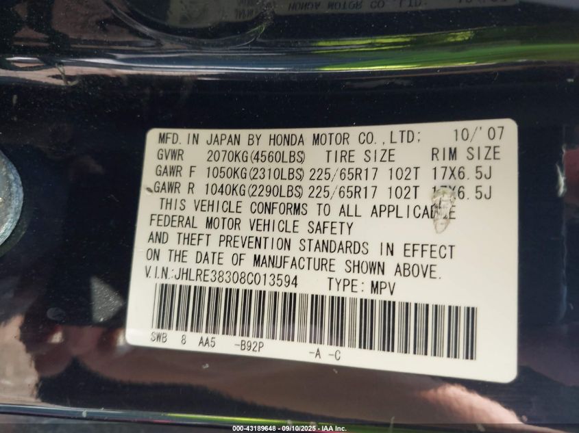 2008 Honda Cr-V Lx VIN: JHLRE38308C013594 Lot: 43189648