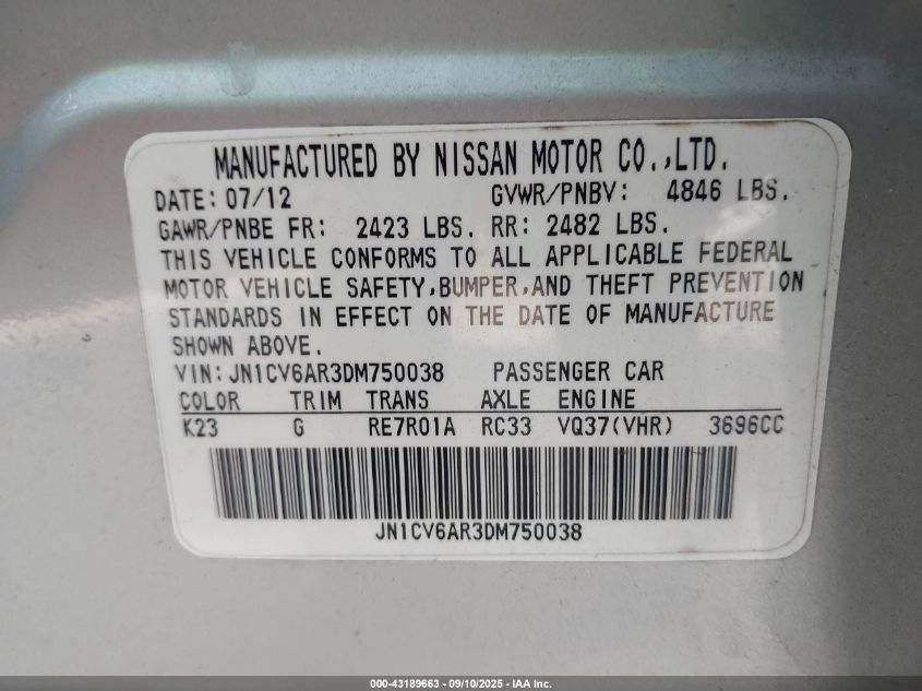 2013 Infiniti G37X VIN: JN1CV6AR3DM750038 Lot: 43189663