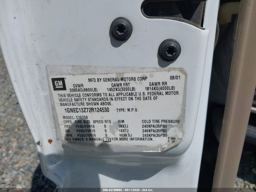 2002 Chevrolet Tahoe Lt VIN: 1GNEC13Z72R124530 Lot: 43189665