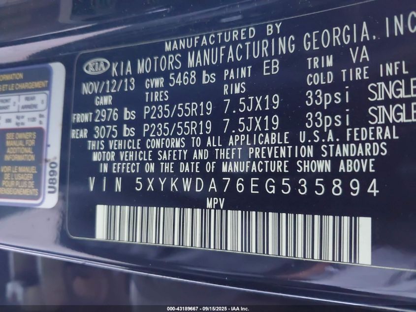 2014 Kia Sorento Limited V6 VIN: 5XYKWDA76EG535894 Lot: 43189667