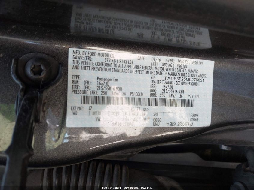 2016 Ford Focus Se VIN: 1FADP3F25GL276051 Lot: 43189671