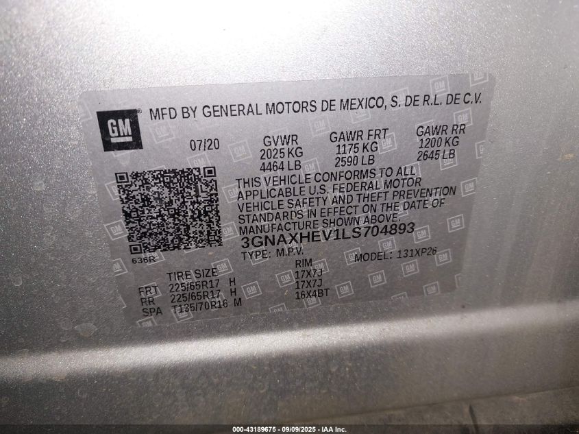 2020 Chevrolet Equinox Fwd Ls VIN: 3GNAXHEV1LS704893 Lot: 43189675