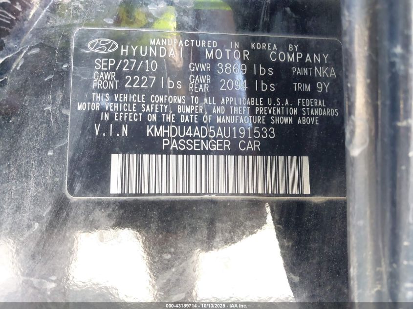 2010 Hyundai Elantra Blue VIN: KMHDU4AD5AU191533 Lot: 43189714